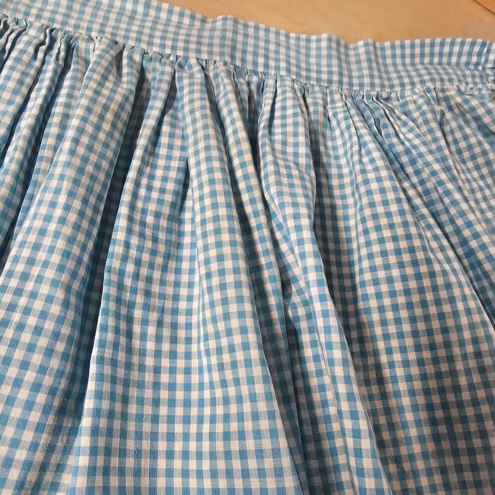 Vtg 50s Half Apron Gingham Plaid Blue Embroidered AM Cross Stitch Cottagecore